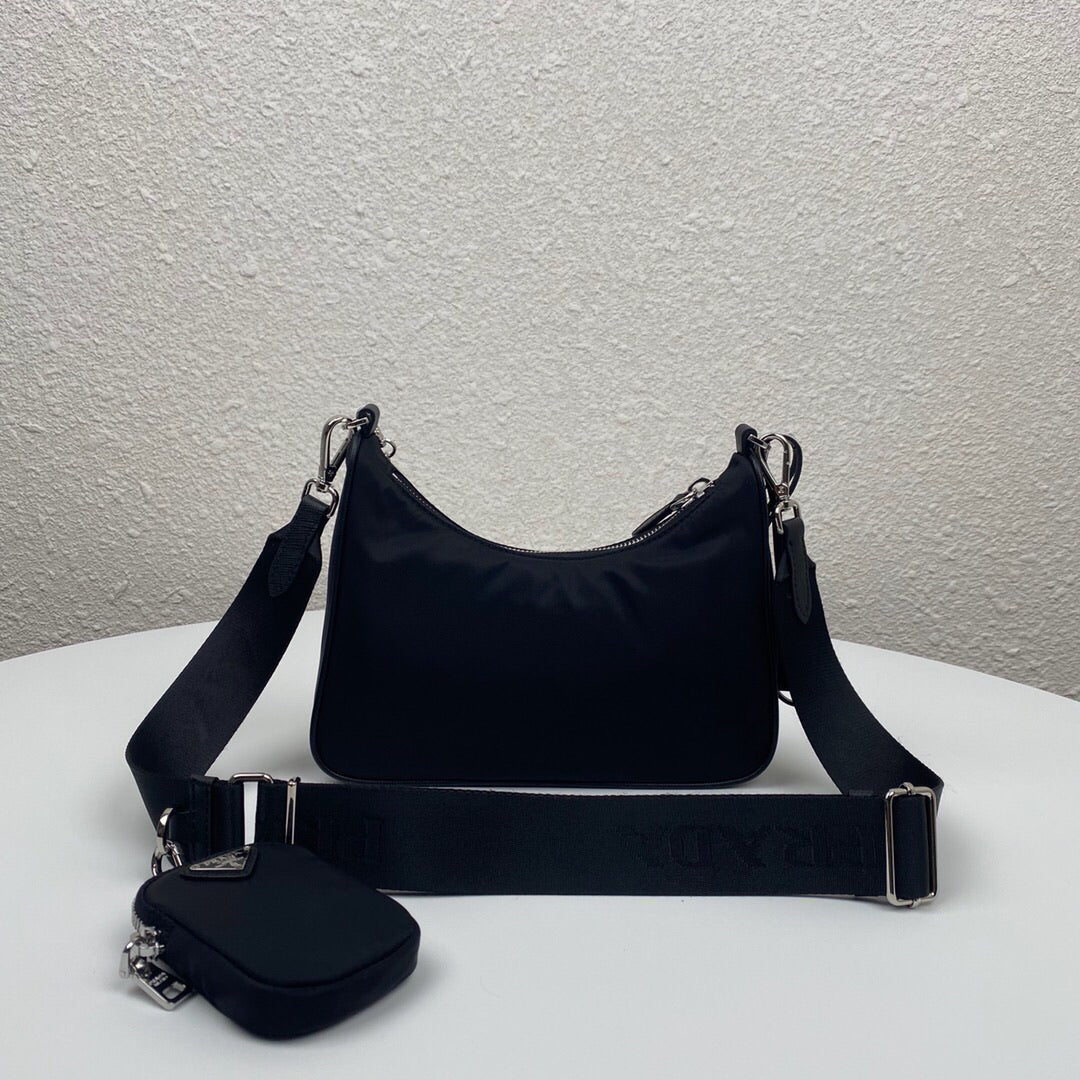 Shoulder Bag Nylon Black in Nylon/Saffiano Leather with Silver-tone