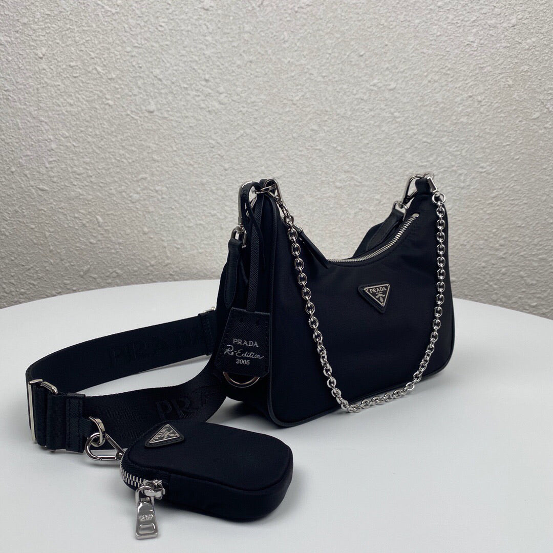 Shoulder Bag Nylon Black in Nylon/Saffiano Leather with Silver-tone
