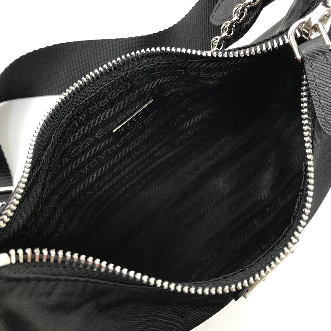 Shoulder Bag Nylon Black in Nylon/Saffiano Leather with Silver-tone