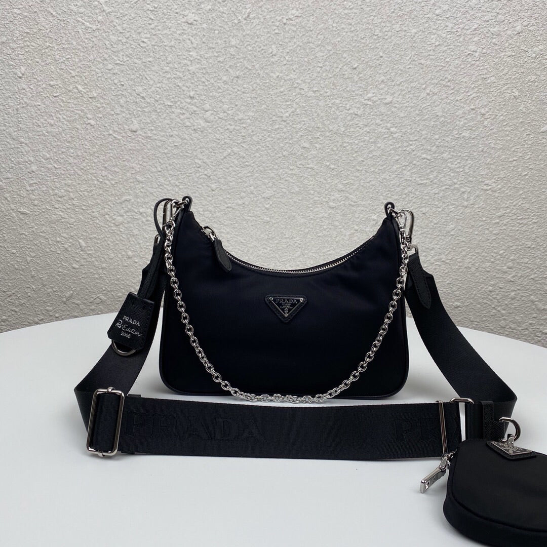 Shoulder Bag Nylon Black in Nylon/Saffiano Leather with Silver-tone